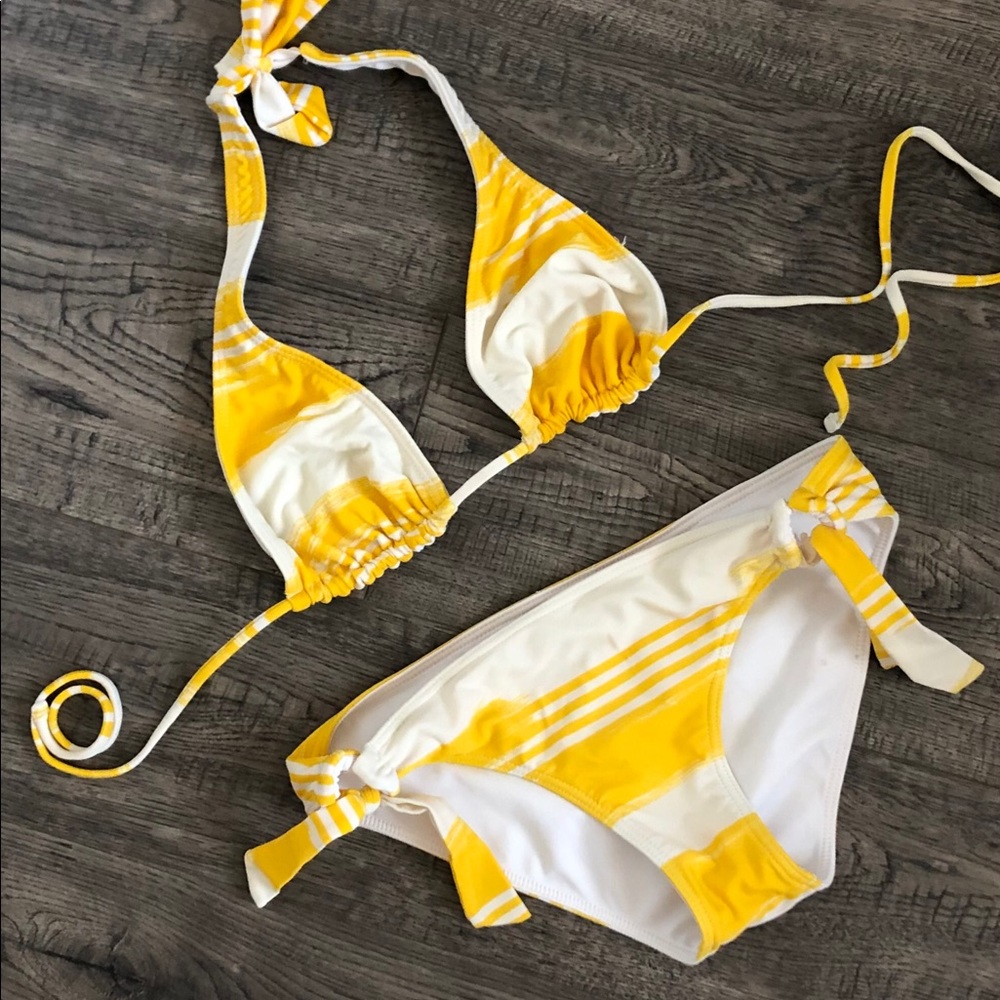 Yellow & White Stripe Triangle Bikini - Women's Swim